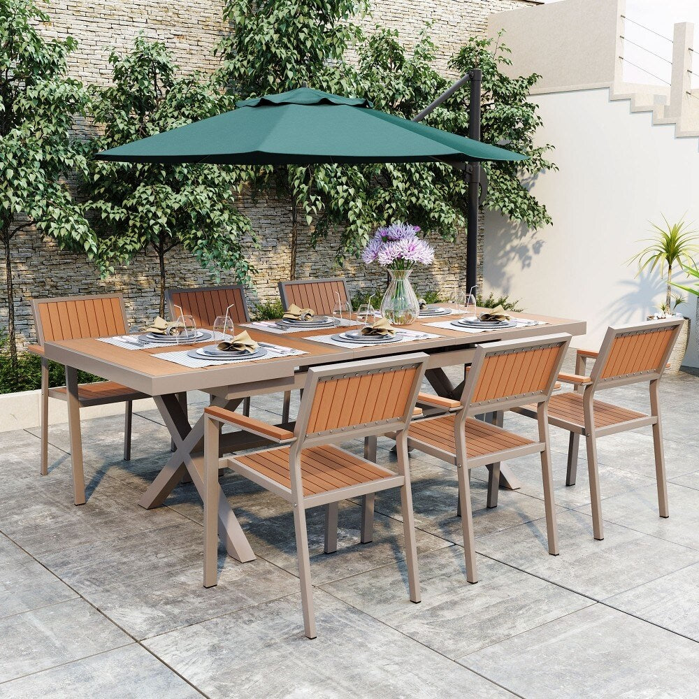 Modern Outdoor 7-piece Dining Set with Six Chairs and a Extendable Table for Patio