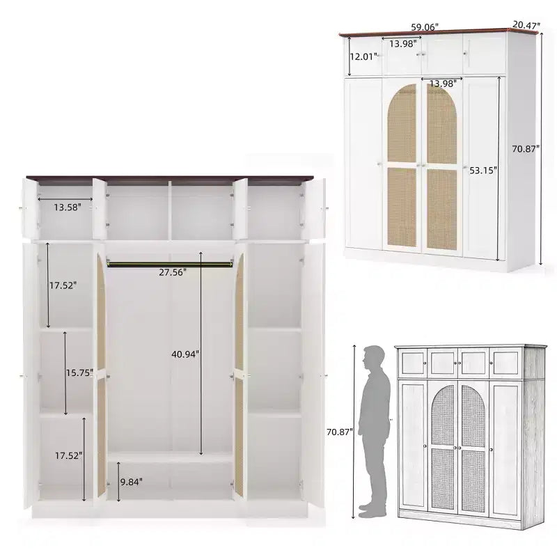 Armário roupeiro alto de 70.87, com 8 portas e grande capacidade, varão para roupa, prateleiras ajustáveis e portas decorativas em vime