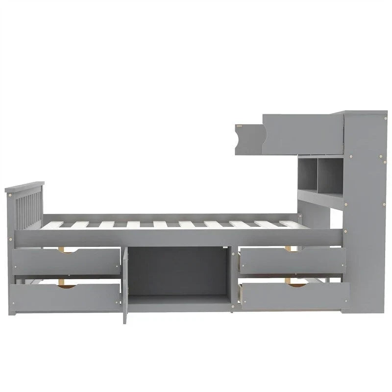 Cama de plataforma tipo capitão Twin/Full com 4 gavetas e prateleiras de arrumação, estrutura de cama em madeira maciça com cabeceira-estante para arrumação