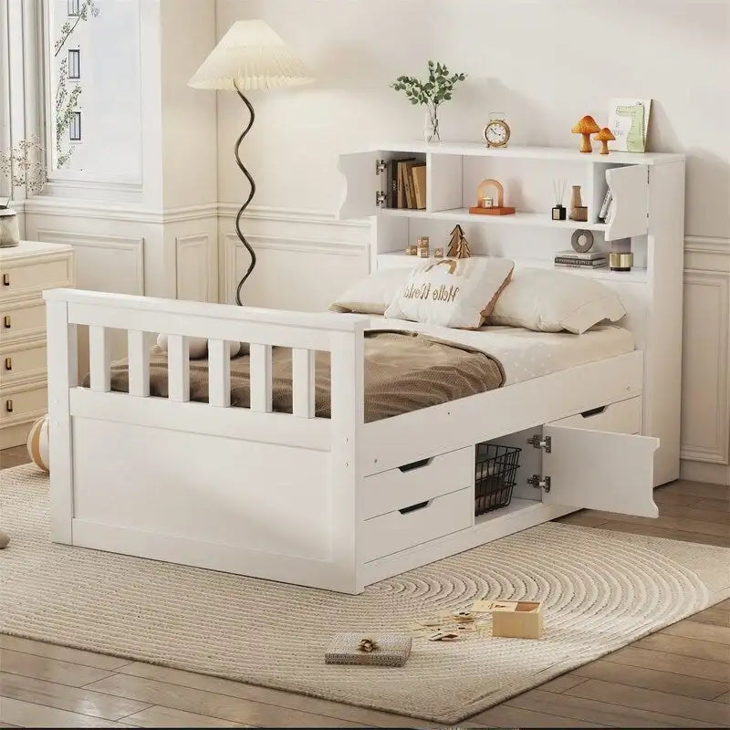 Cama de plataforma tipo capitão Twin/Full com 4 gavetas e prateleiras de arrumação, estrutura de cama em madeira maciça com cabeceira-estante para arrumação