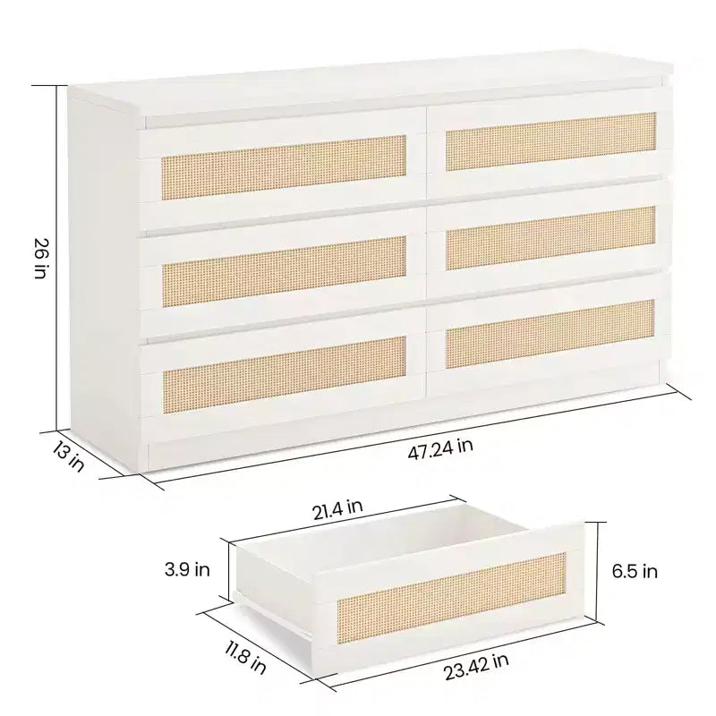 Cómoda de rattan para quarto com 6 gavetas, cómoda larga de estilo quinta moderno de 47, armário organizador de arrumação em madeira para closet, sala de estar e corredor