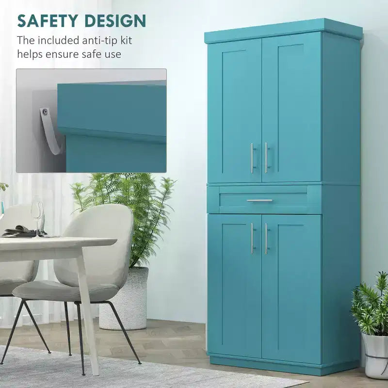 Meuble garde-manger de cuisine moderne autoportant avec portes et tiroir, étagères réglables