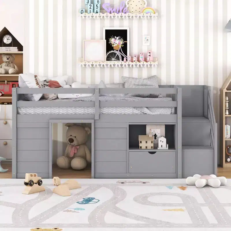 Cama baixa tipo loft individual em madeira maciça, 94.6L x 42.3W, com escada, gaveta e prateleira, design moderno e simples