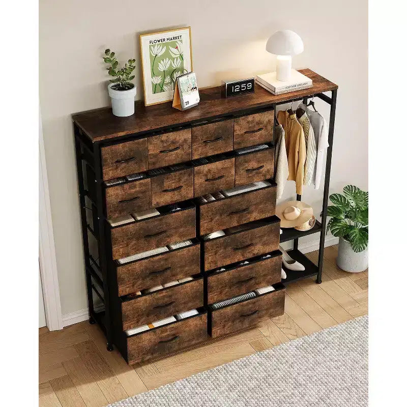 Cómoda com 16 gavetas, varão para pendurar roupa e prateleiras, organizador de arrumação em tecido para quarto, closet ou entrada