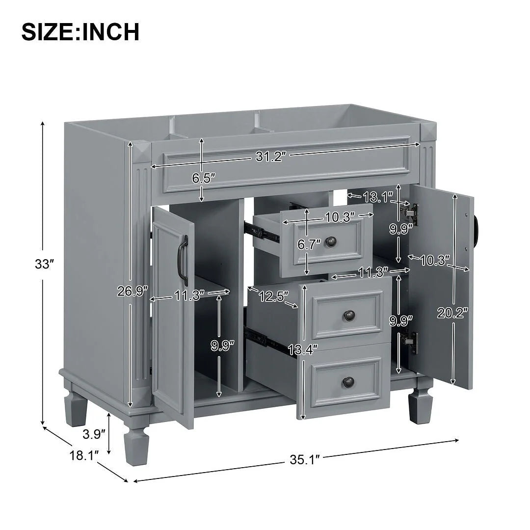 Moderne badkamermeubelset van 36 inch met wastafelblad, spiegelkast, 2 deuren en 2 laden