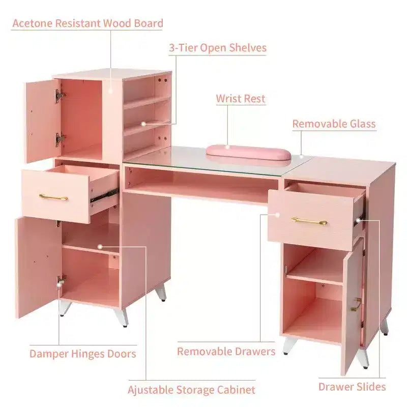 Mesa de manicure moderna preta/rosa com tampo de vidro e apoio para os pulsos, estação individual