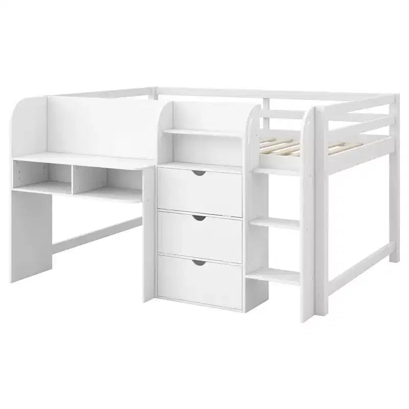 Lit mezzanine bas rose/blanc avec bureau, rangements et tableau blanc - 1 personne, 1 place