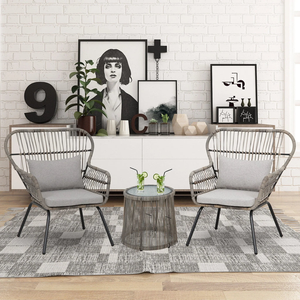 Ensemble bistro de conversation extérieur en osier de 3 pièces, mobilier de patio en rotin toutes saisons avec coussins