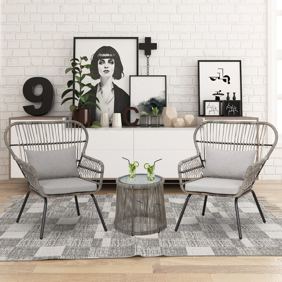 Ensemble bistro de conversation extérieur en osier de 3 pièces, mobilier de patio en rotin toutes saisons avec coussins
