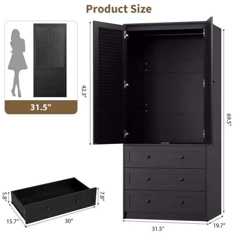 Armário roupeiro COZONY com 3 gavetas e 2 portas, armário de madeira moderno para quarto, roupeiro branco independente para cargas pesadas