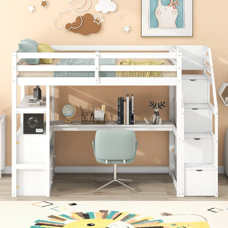 Cama alta Twin com secretária e prateleiras, duas gavetas incorporadas e escada com arrumação