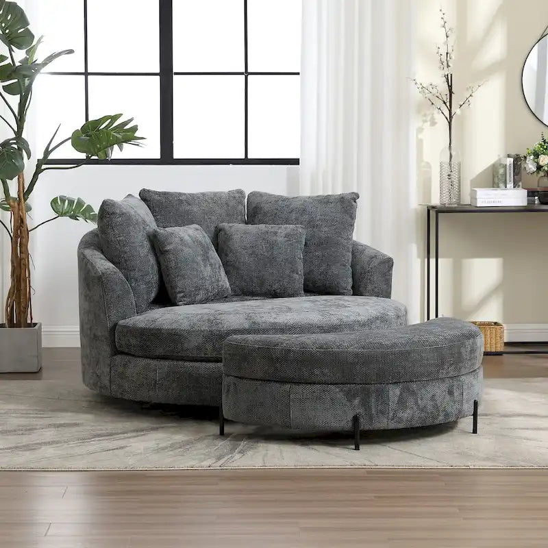 Modern Sofa Chair Round Accent Barrel Chair With 5 Pillows and Optional Ottoman
