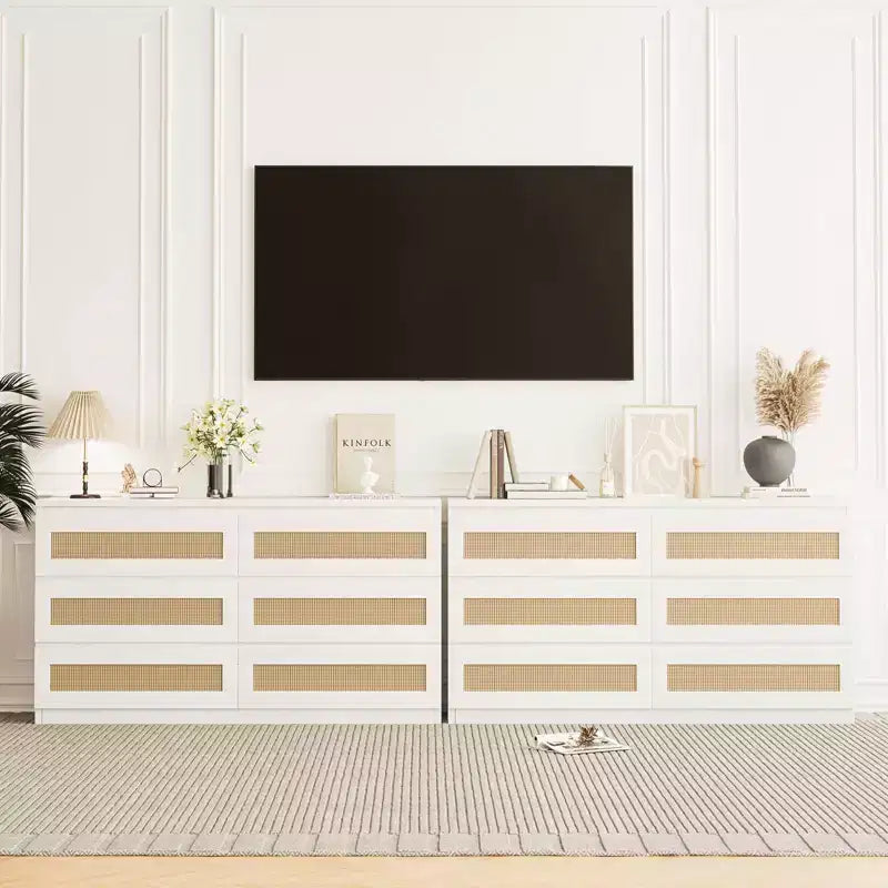 Cómoda de rattan para quarto com 6 gavetas, cómoda larga de estilo quinta moderno de 47, armário organizador de arrumação em madeira para closet, sala de estar e corredor