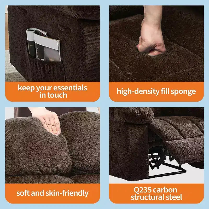Cadeirão reclinável manual, com tecido ergonómico e respirável e bolsos laterais, sofá individual, adequado para a sala de estar ou o quarto