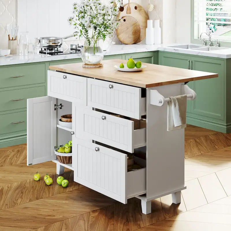 Conjunto de ilha de cozinha TOPMAX com aba rebatível e 2 lugares, conjunto de mesa de jantar com prateleira ajustável, gavetas e toalheiro