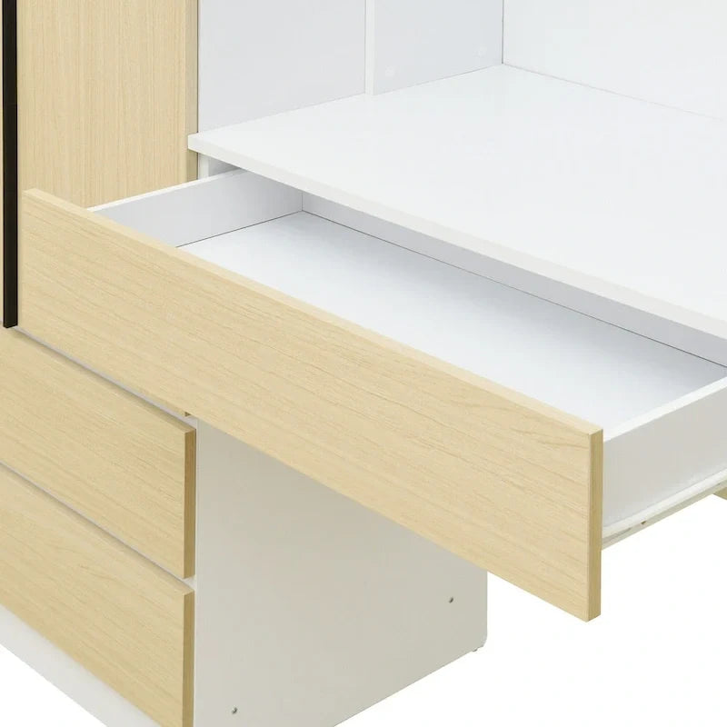 Roupeiro 3 em 1 com mesa de maquilhagem, conjunto de secretária, armário de quarto com 2 gavetas, 3 portas e espaço de arrumação