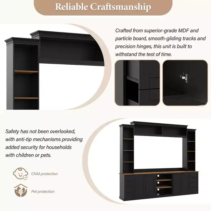 Unità a parete centro d'intrattenimento in stile rustico ModernLuxe 4-in-1, adatta a TV fino a 70, mobile TV e console multimediale con ripiani e cassetti regolabili