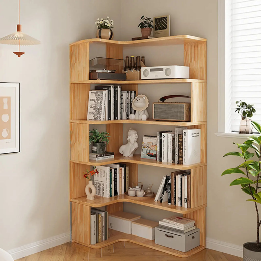 Vertikales L-förmiges Bücherregal aus Holz mit natürlicher Oberfläche und offener Rückseite