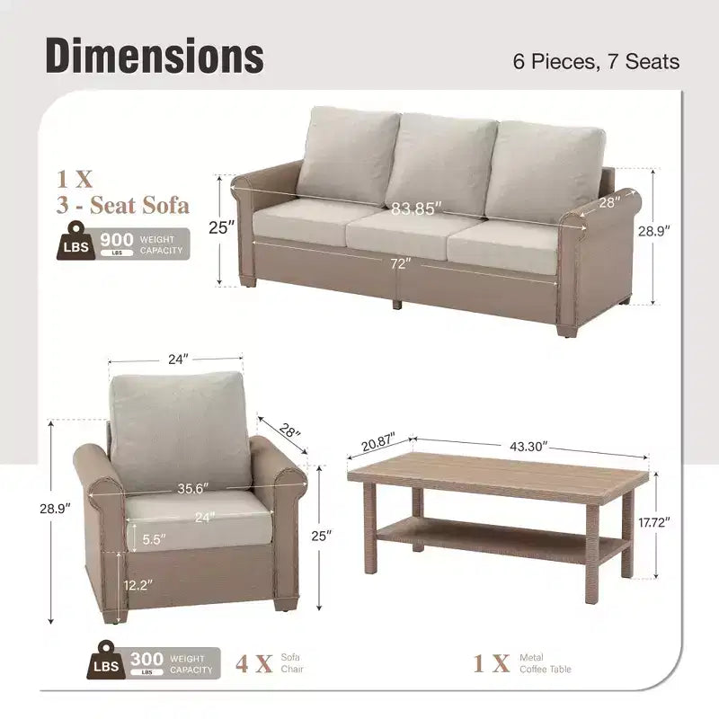 Conjunto de 6 peças de sofá de exterior de luxo em vime Captiva Designs para convívio, com apoios de braços curvos e almofadas