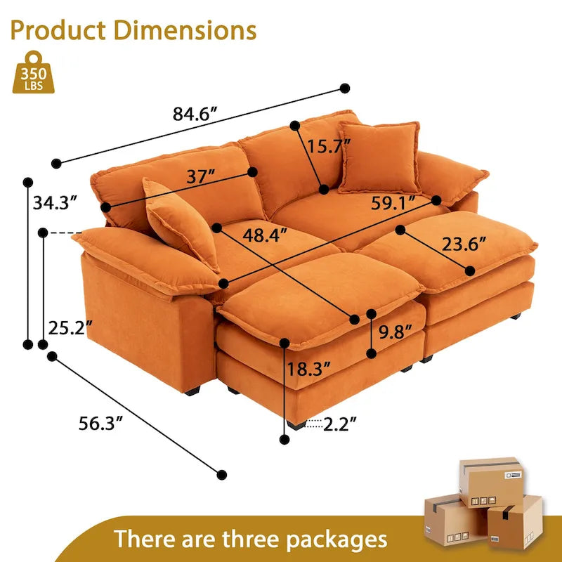 Canapé 2 places avec 2 coussins, 2 oreillers et 2 poufs, canapé confortable – canapé profond modulable pour le salon