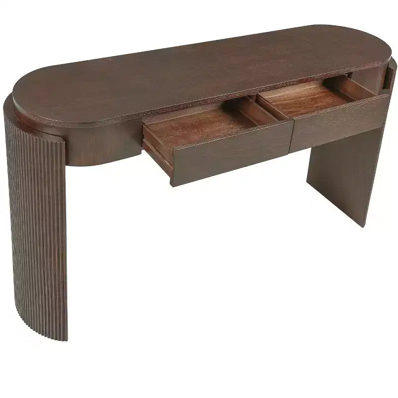 Mesa de consola moderna Merax com tampo oval e pernas curvas caneladas e duas gavetas ocultas