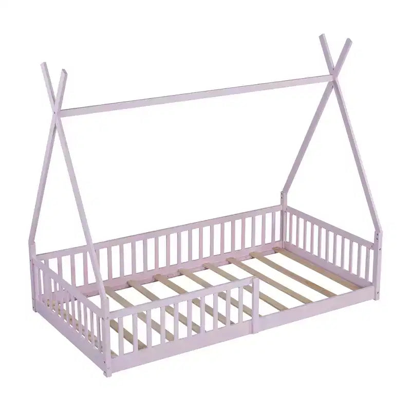 Cama de chão para crianças, camas-tenda individuais, cama de chão Montessori com ripas e grades de proteção, estrutura de cama-casa de madeira para meninos e meninas