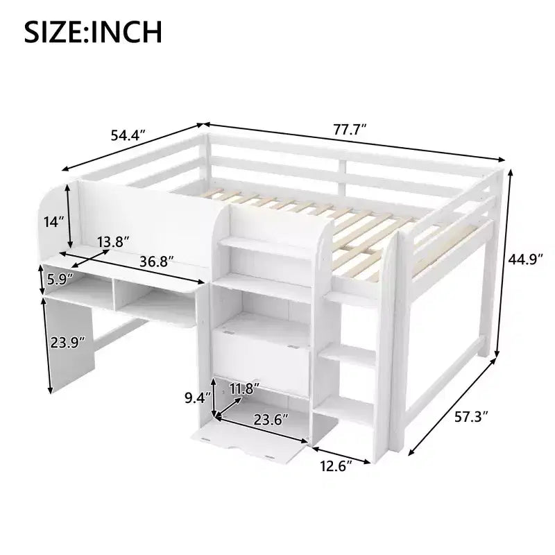 Lit mezzanine bas rose/blanc avec bureau, rangements et tableau blanc - 1 personne, 1 place