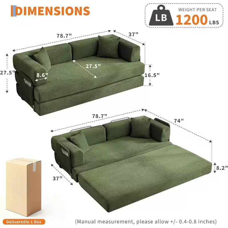 Sofá-cama convertível 5-em-1, sofá-cama modular de bombazina de 78.8 com estrutura robusta, futon multifunções para espaços pequenos, sala de estar e quarto de hóspedes