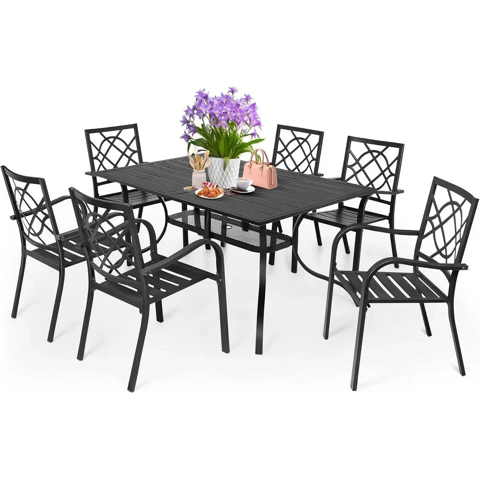 SUNCROWN Outdoor Patio 5/7 Piece Steel Dining Sets Metal Slatted Table and Stackable Chairs Powder Coated Frame