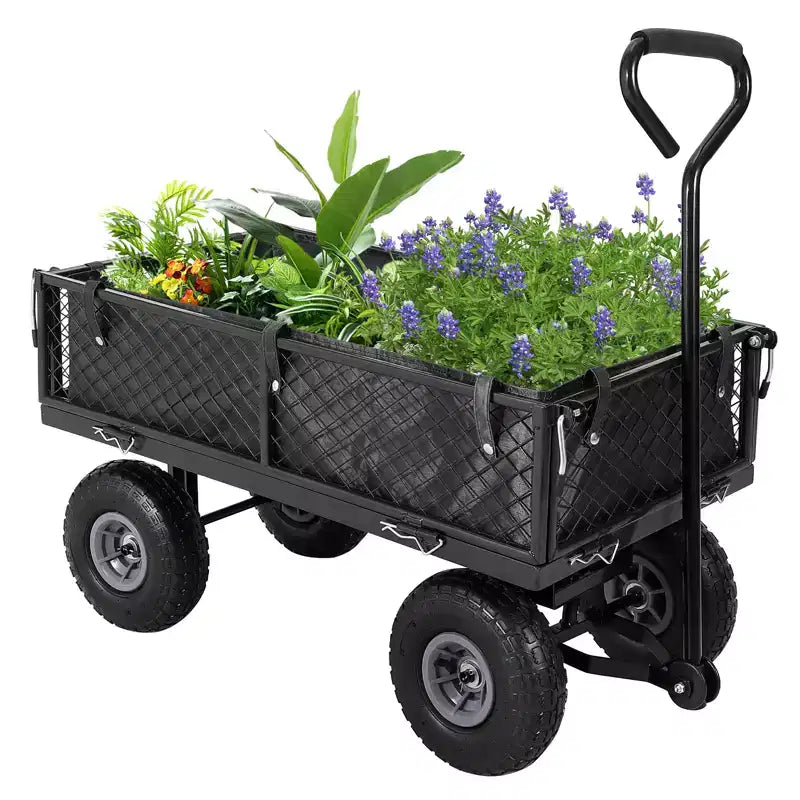 Carroça de jardim em aço resistente, 500 Lbs, carroça utilitária dobrável com laterais e revestimento em rede removíveis, 10 pneus pneumáticos, pega de puxar