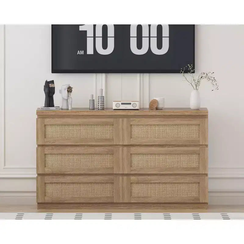 Cómoda de rattan para quarto com 6 gavetas, cómoda larga de estilo quinta moderno de 47, armário organizador de arrumação em madeira para closet, sala de estar e corredor
