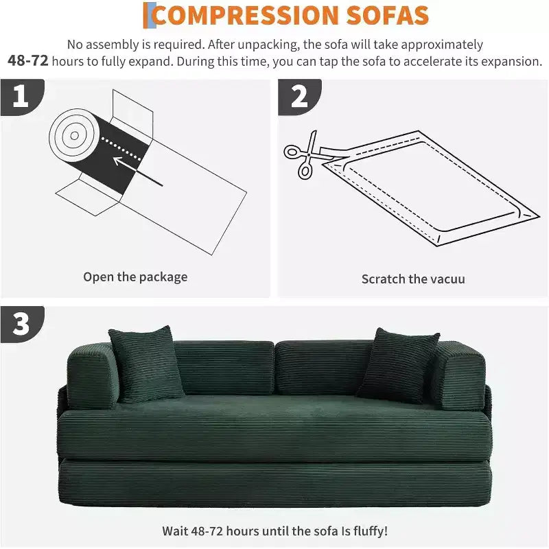 Sofá-cama de chão em bombazina com almofadas, braços e encosto convertíveis, adequado para salas de estar, quartos e apartamentos.