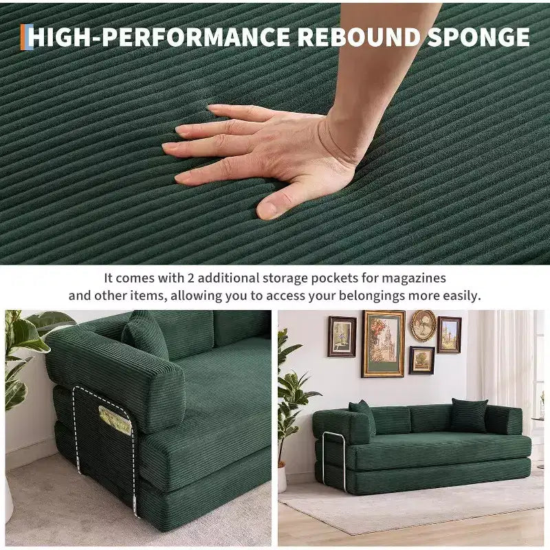 Sofá-cama de chão em bombazina com almofadas, braços e encosto convertíveis, adequado para salas de estar, quartos e apartamentos.