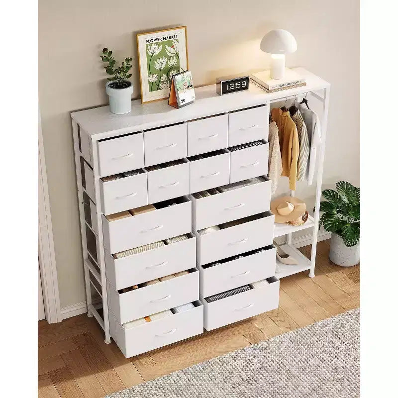 Cómoda com 16 gavetas, varão para pendurar roupa e prateleiras, organizador de arrumação em tecido para quarto, closet ou entrada