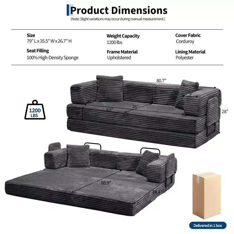 80.7 5-in-1 Divano letto trasformabile ??a coste, 1200 lbs, senza montaggio