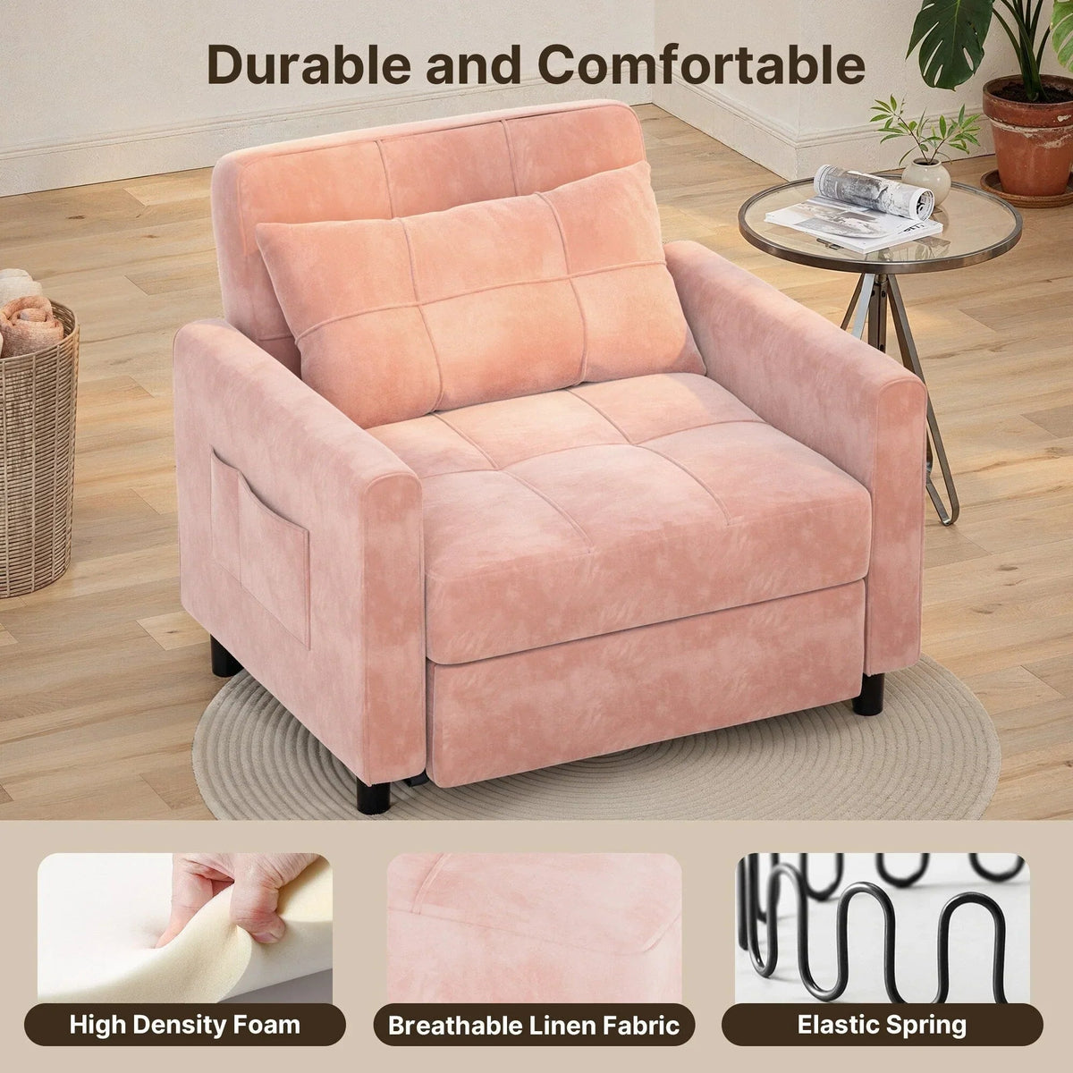 Sofá-cama ajustável 3 em 1, sofá-cadeira extraível, cama dobrável convertível para a sala de estar