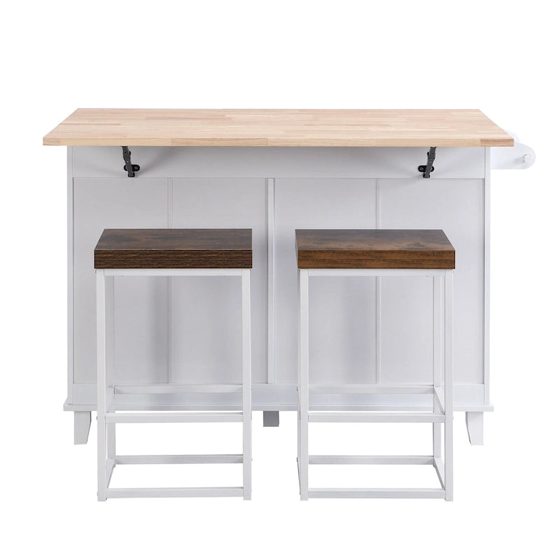Conjunto de ilha de cozinha TOPMAX com aba rebatível e 2 lugares, conjunto de mesa de jantar com prateleira ajustável, gavetas e toalheiro