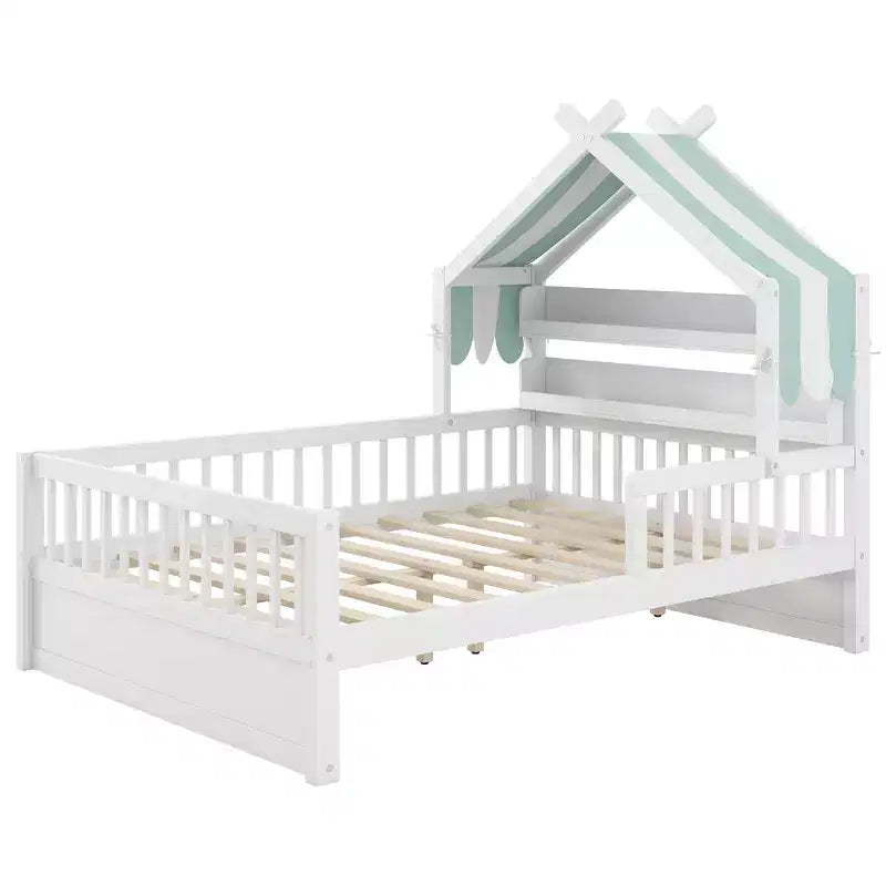 ModernLuxe Holzhausbett in Twin/Full-Größe mit Kopfteil und Stauraum, Kinderbettgestell aus massivem Kiefernholz mit Rausfallschutz