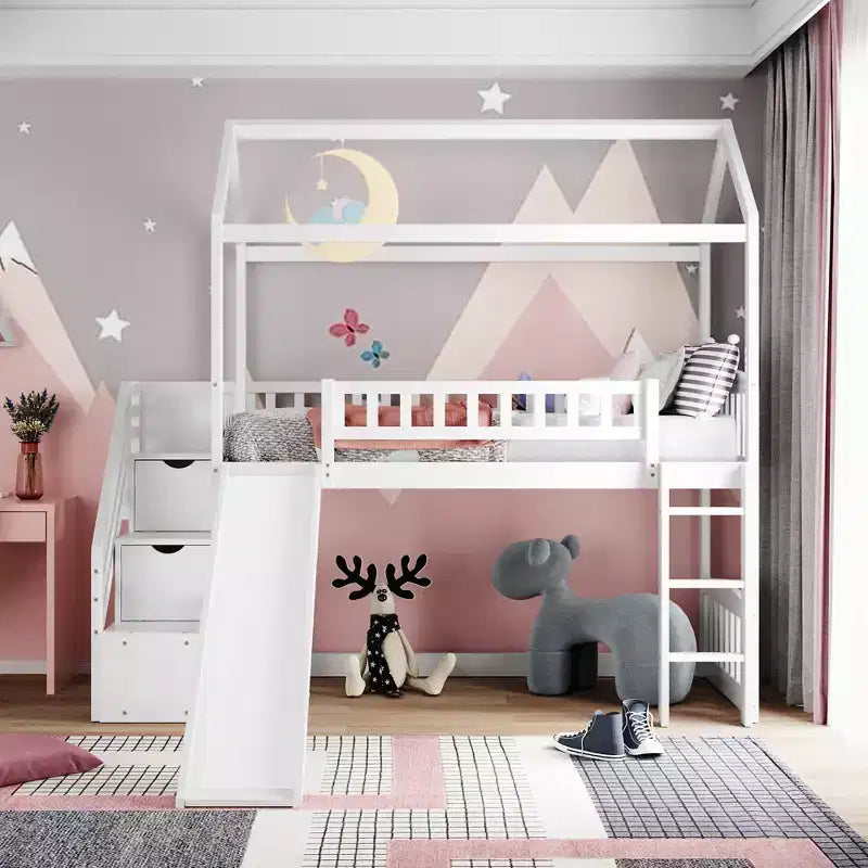 Cama alta tipo casa Twin com escorrega e escadas, cama alta com gavetas de arrumação, cama alta de madeira tipo cabana para crianças e bebés