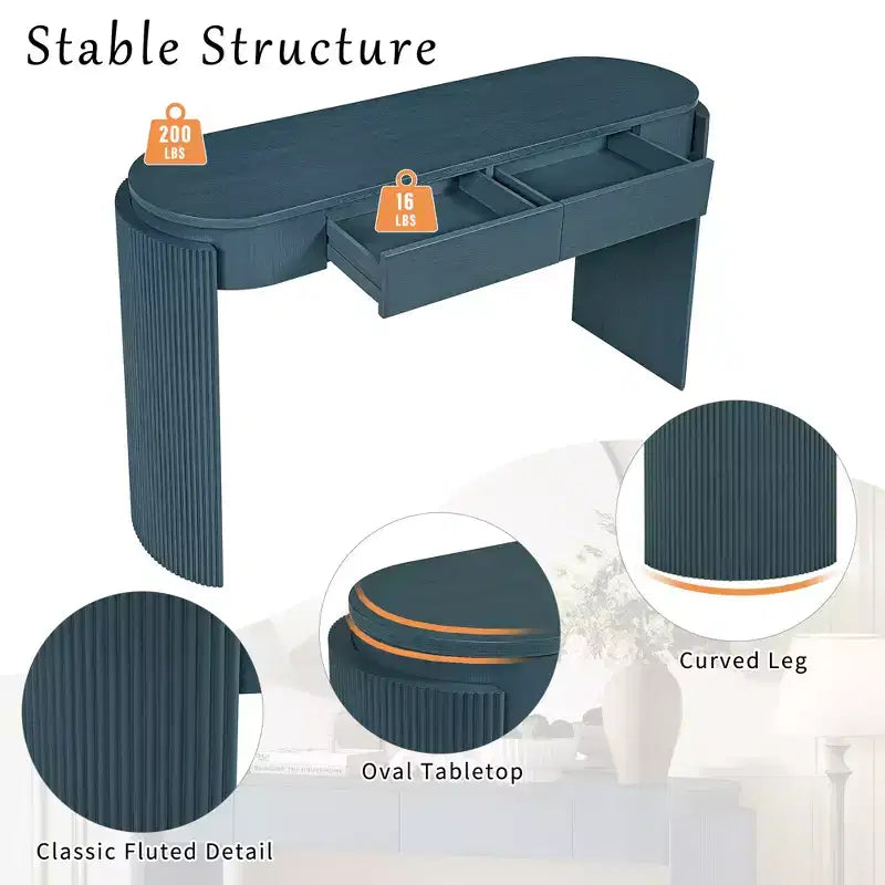 Mesa de consola moderna Merax com tampo oval e pernas curvas caneladas e duas gavetas ocultas