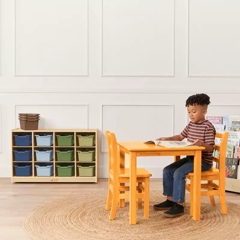 Armário móvel com tabuleiros e 15 compartimentos frontais tipo concha, 3x4, mobiliário infantil