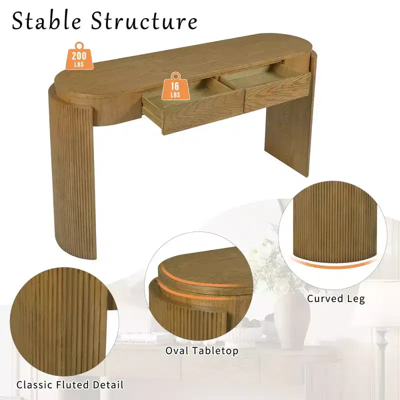 Mesa de consola moderna Merax com tampo oval e pernas curvas caneladas e duas gavetas ocultas