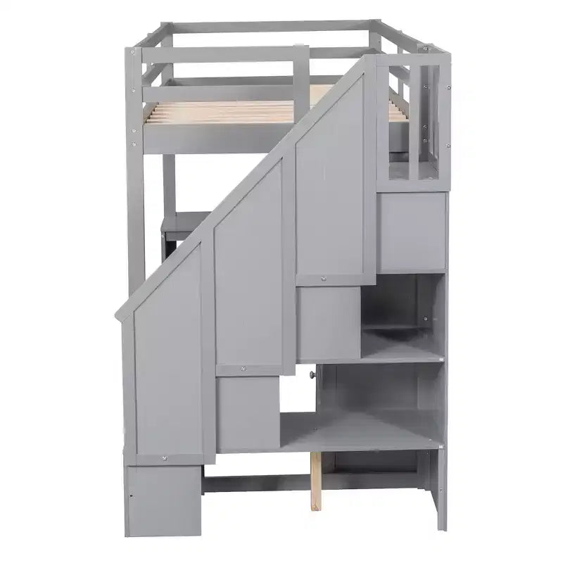 Hochbett in Twin-Größe mit L-förmigem Schreibtisch, 3 Schubladen, Schrank und Stauraum in der Treppe, Konstruktion aus massivem Kiefernholz/MDF