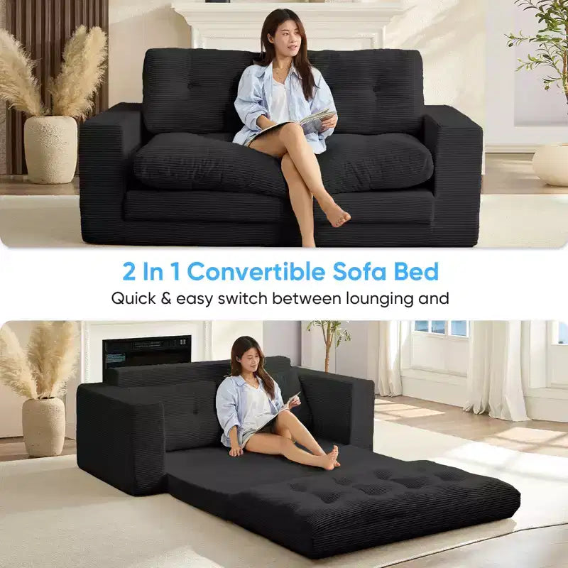 Canapé-lit futon convertible 2-en-1 Mjkone de 71 po, canapé deux places convertible pliable en tissu côtelé avec boutons capitonnés, gain de place