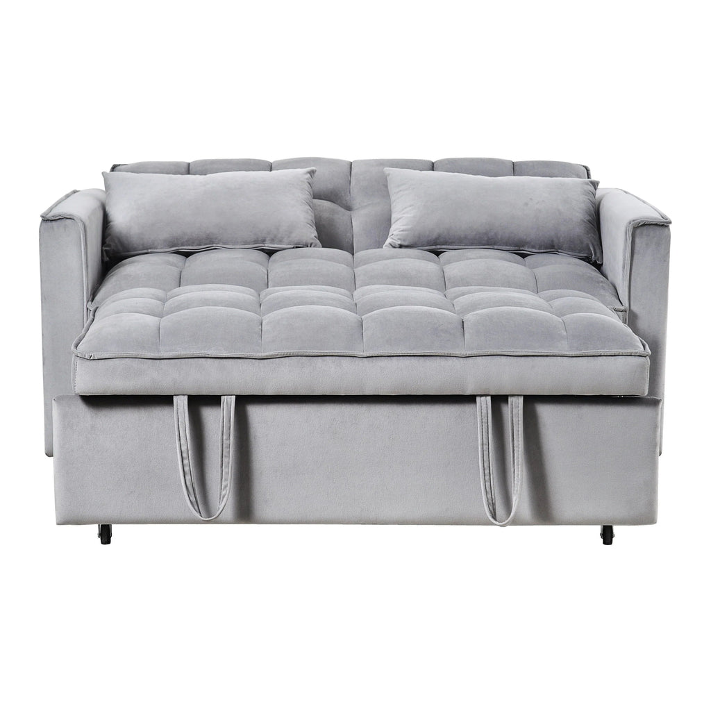 Sofá-cama moderno extensível, sofá-cama 3-em-1 com encosto ajustável, sofá de dois lugares em veludo, almofadas e bolsos laterais