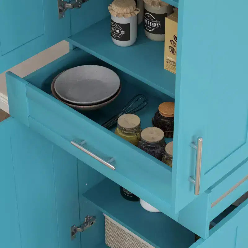 Meuble garde-manger de cuisine moderne autoportant avec portes et tiroir, étagères réglables