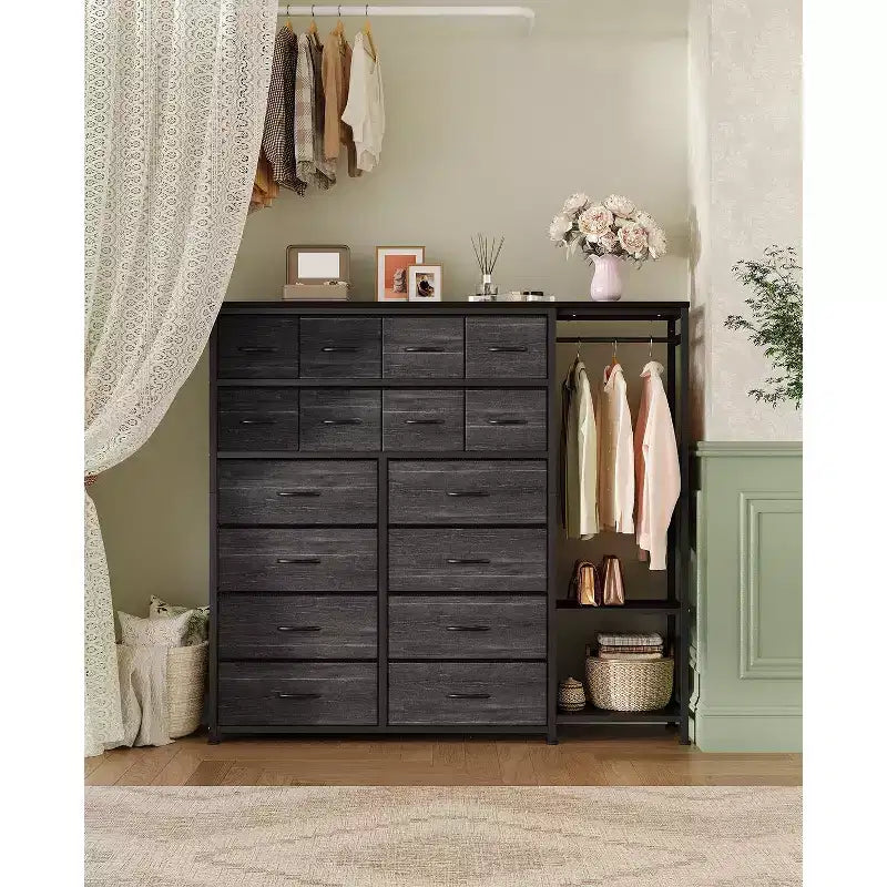 Cómoda com 16 gavetas, varão para pendurar roupa e prateleiras, organizador de arrumação em tecido para quarto, closet ou entrada