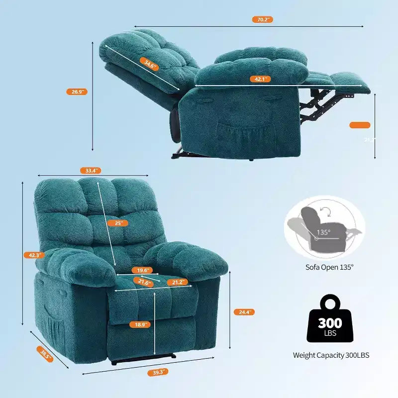 Cadeirão reclinável manual, com tecido ergonómico e respirável e bolsos laterais, sofá individual, adequado para a sala de estar ou o quarto