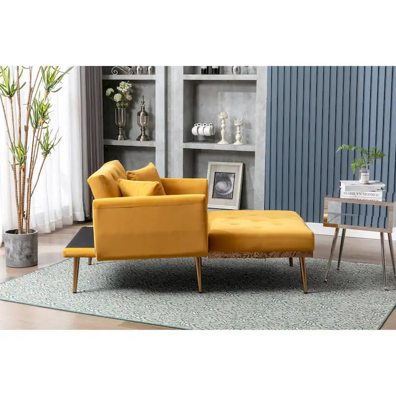 Poltrona letto in velluto imbottito e trapuntato per soggiorno, con gambe color oro rosato