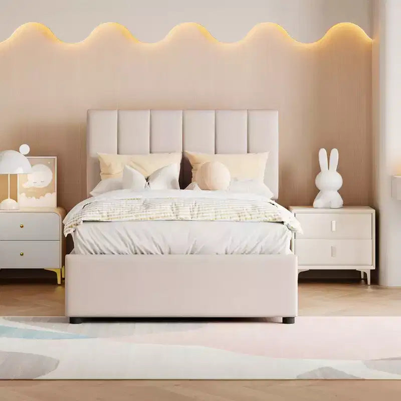 Cama com arrumação elevatória Bellemave de tamanho individual, cama de plataforma estofada com sistema de arrumação hidráulico, cabeceira com riscas verticais, bege